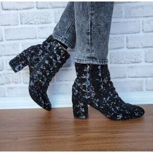 ⭐Womens Black Sequin Ankle Boots Block Heel Round Toe 6 Clubwear Casual Evening⭐